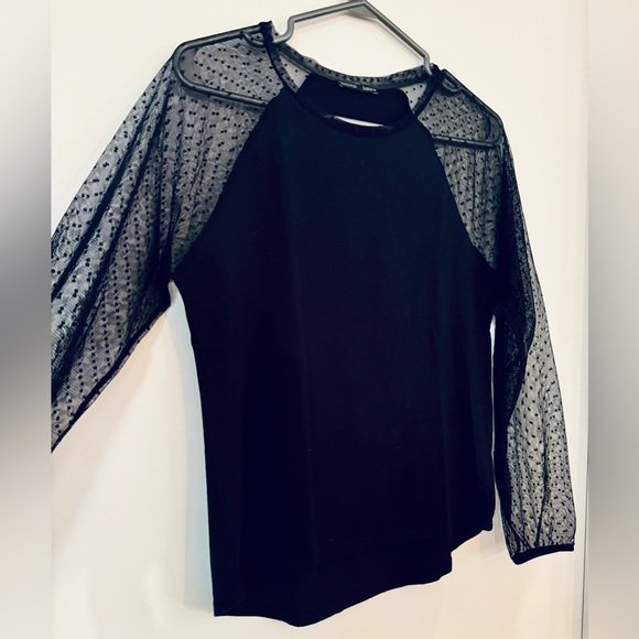 Zara Dotted Sheer Mesh Long sleeve Raglan Baseball Shirt T-shirt plumetis - Picture 2 of 6